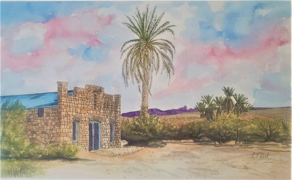 Watercolor of the Hot Springs Trading Post in the Big Bend National Park painted by Cathy O'Neal