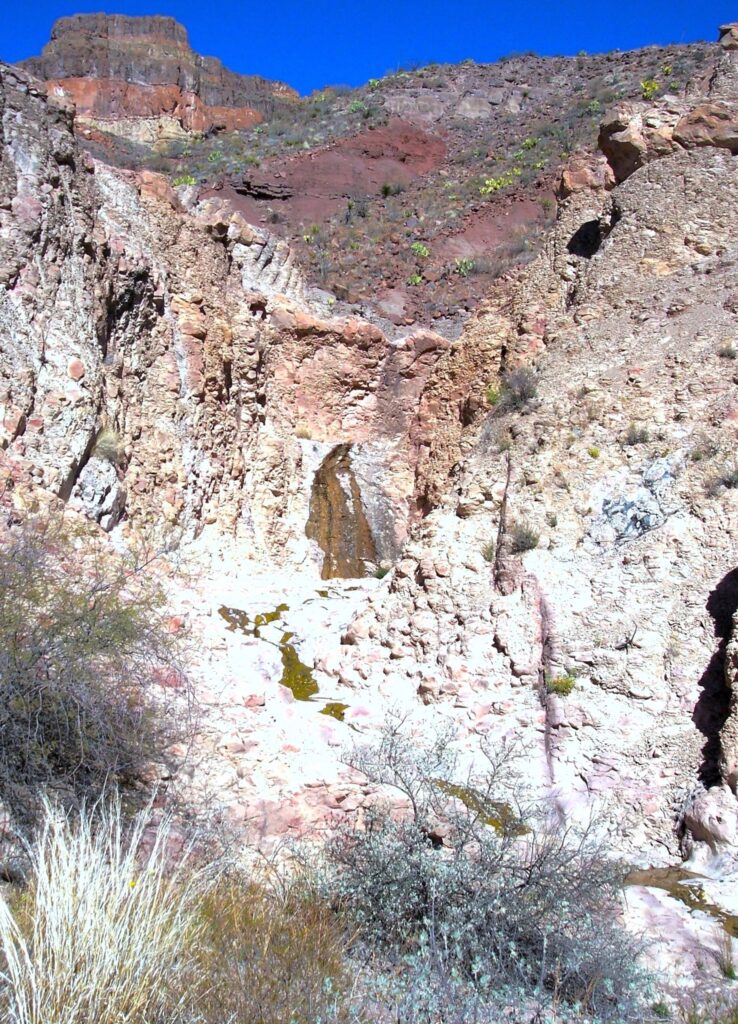 San Jacinto Spring trickling from a cliff face in the Big Bend National Park.