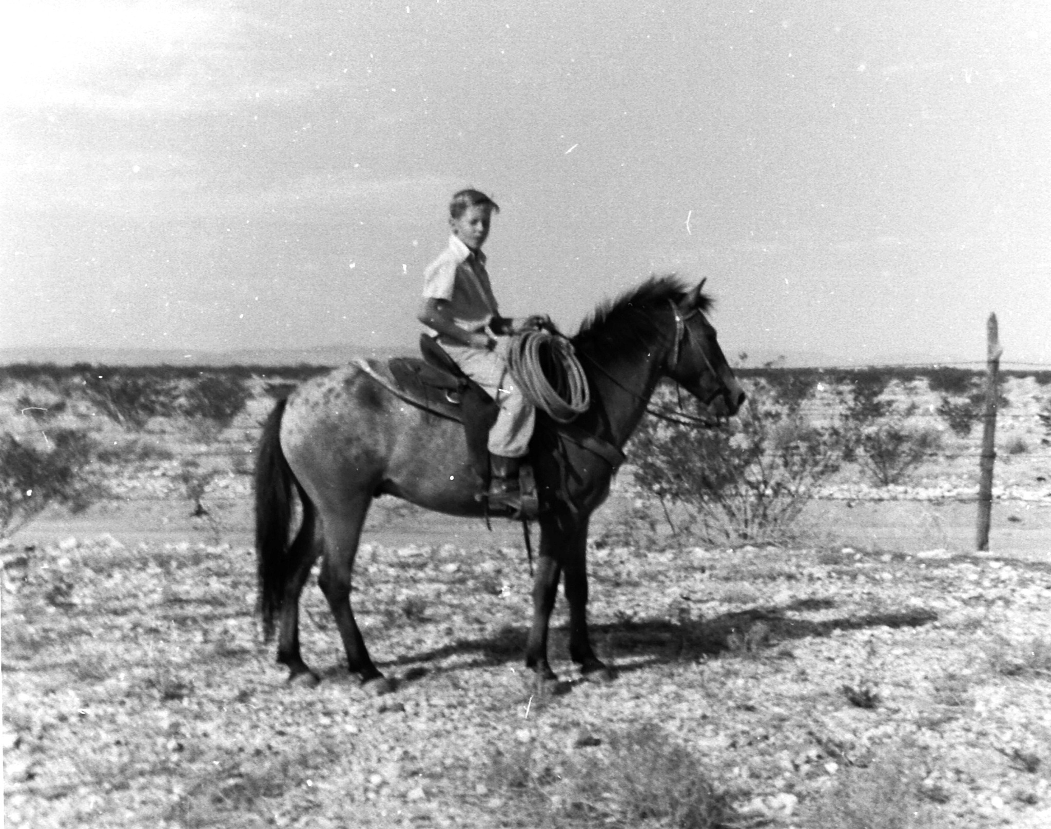Black and white photo of a young boy on horseback with desert scenery behind him.